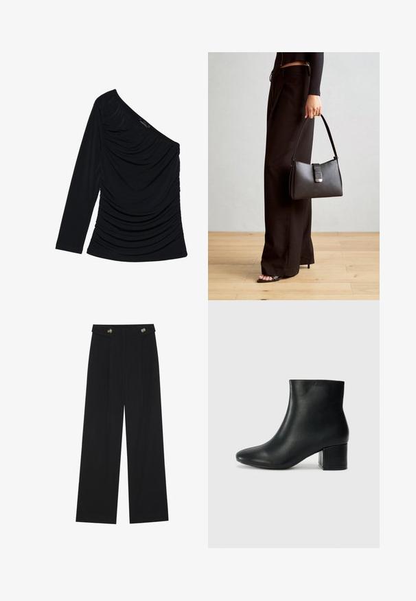 Svart langermet topp med en en-skulder design, teksturert ruching foran og en glatt stofffinish.; Svart vide bukser med høy midje, knappdetaljer på midjebåndet og frontplisser.; Sorte skinn ankelsko med spiss tå og chunky hæl. Glatt tekstur med minimale detaljer og et elegant, tettsittende design.; Svart håndveske med strukturert form, jevn tekstur og metallisk lås. Kombinert med brede svarte bukser og sandaler med åpen tå på tregulv.