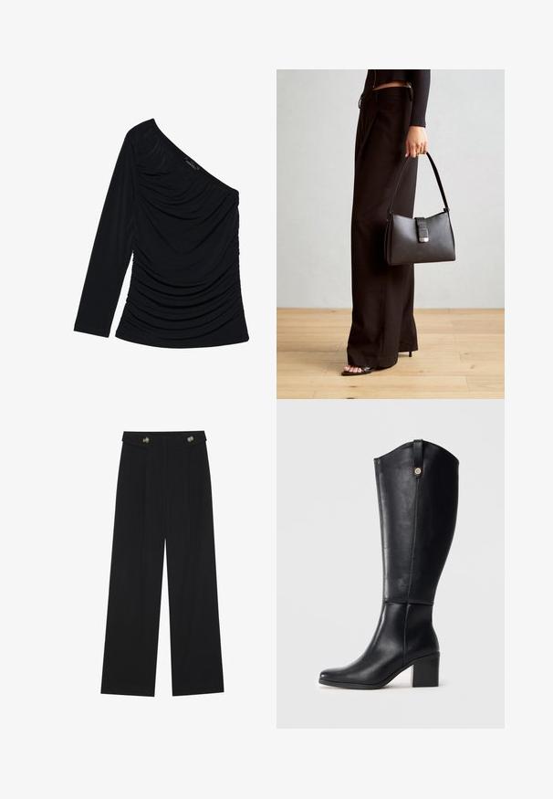 Juoda ilgomis rankovėmis palaidinė su vieno peties dizainu, tekstūruota raukšlėmis priekyje ir lygiu audinio paviršiumi.; Juodi plačios kojos kelnės su aukštu liemeniu, sagų detalėmis ant liemens ir priekinėmis raukšlėmis.; Juodos odinės kelio ilgio batai su kvadratiniu pirštu ir blokuotu kulnu. Yra šoninė siūlė ir dekoratyvinis metalinis akcentas viršuje.; Juodas rankinė struktūrizuota forma, lygi tekstūra ir metalinis užsegimas. Suporuota su plačiomis juodomis kelnėmis ir atvirais bateliais ant medinių grindų.