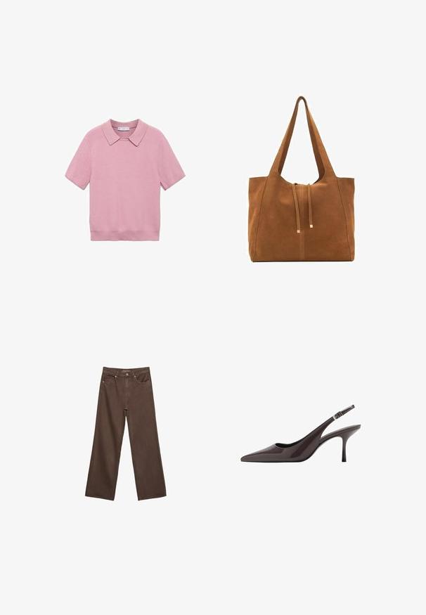 Różowa krótka bluzka dzianinowa z teksturą ryżu, z klasycznym kołnierzykiem i prostym krojem. Miękka tkanina o gładkim wykończeniu.; Szerokie brązowe dżinsy wykonane z denimu, z wysokim stanem, przednimi kieszeniami i klasycznym zapięciem na guzik. Gładka faktura z subtelnym przeszyciem.; Czółenka na obcasie w kolorze ciemnobrązowym z lakierowanej skóry, z wąskim wysokim obcasem i regulowanym paskiem na kostce z klamrą.; Brązowa torba tote z zamszu z dwoma długimi paskami, zamknięciem na sznurek i minimalistycznym wzornictwem. Gładka tekstura i brak widocznych akcentów metalowych.