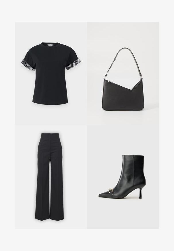Schwarzes T-Shirt mit rundem Halsausschnitt und kurz, hochgerollten Ärmeln, verziert mit silbernen Strasssteinen am Saum. Weicher Stoff.; Weite Hosen aus schwarzem Stoff mit hohem Bund, die eine saubere Verarbeitung und glatte Textur aufweisen. Keine sichtbaren Beschläge oder Muster.; Schwarze Leder-Stiefelette mit spitzer Zehe, schlankem, mittelhohem Absatz und silberner Schnalle seitlich vor einem schlichten Hintergrund.; Schwarze Lederhandtasche in dreieckiger Form, mit schmalem Tragegurt und silbernem Zubehör. Sie verfügt über einen Reißverschluss und ein geprägtes Logo auf der Vorderseite.