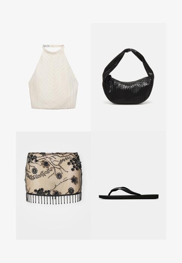 Top halter crema con un motivo a zigzag, caratterizzato da un collo alto e un tessuto liscio e seta. Nessuna ferramenta o accenti visibili.; Mini gonna nera decorata con applicazioni floreali, paillettes e orlo in frange di perline. Realizzata in materiale trasparente con dettagli intricati.; Infradito in gomma nera con cinturino testurizzato e suola piatta semplice, mostrati di lato su uno sfondo chiaro e uniforme.; Borsa a tracolla in pelle intrecciata nera con forma curvata, dotata di una maniglia spessa e chiusura con zip. Superficie testurizzata con finitura lucida.