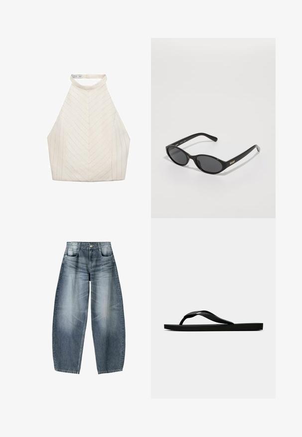 Krémový halter top s Chevron vzorem, s vysokým výstřihem a hladkým, jemným materiálem. Bez viditelného příslušenství či akcentů.; Džínsy s širokými nohavicemi vyrobené z světle modrého denimového materiálu s vybledlým vzhledem, s pěti kapsami, zapínáním na knoflík a minimálními stehy.; Černé gumové žabky s texturovaným páskem a jednoduchou plochou podrážkou, zobrazené z boku na světlém pozadí.; Černé sluneční brýle s zaoblenými skly, lesklým plastovým rámem a zlatým logem "QUAY" na boku. Mají tmavá tónovaná skla.