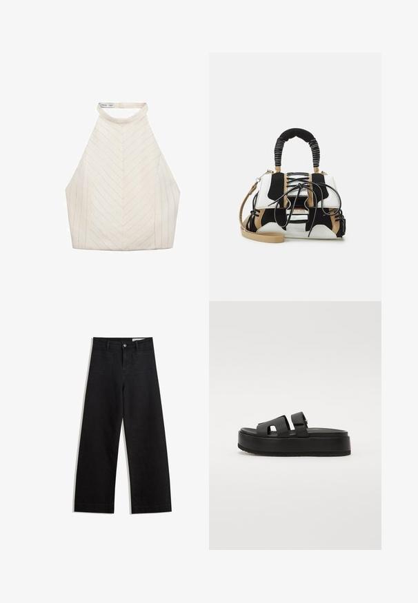 Cremfarbener Haltertop mit Chevron-Muster, ausgestattet mit hohem Kragen und glattem, geschmeidigem Stoff. Keine sichtbaren Beschläge oder Akzente.; Schwarze weit geschnittene Jeans mit hoher Taille, ausgestattet mit Vorder- und Hintertaschen, gesteppten Nähten und einem Knopfverschluss. Glatte Textur.; Schwarze Plateau-Sandalen mit zwei breiten Riemen, aus glattem Material. Verfügt über eine klobige Sohle mit einer strukturierten Unterseite für besseren Halt.; Mehrfarbige Handtasche aus schwarzem, weißem und beigem Netzmaterial. Verfügt über einen strukturierten Griff, ein Schnürdesign und einen abnehmbaren Schultergurt.