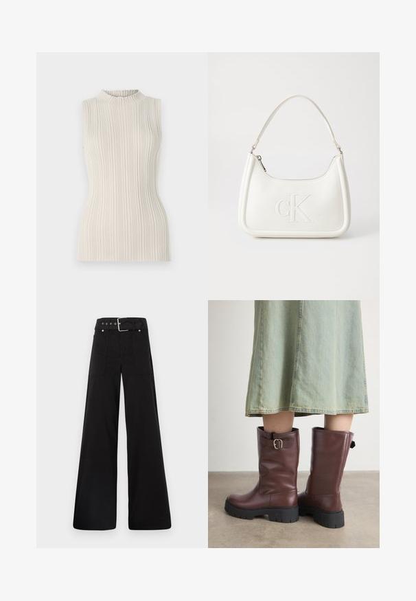 Top bez rukávov v svetlej béžovej farbe, s ryhovanou textúrou a vysokým, zbieraným výstrihom. Priliehavý strih zvýrazňuje postavu.; Čierne nohavice so širokými nohavicami vyrobené z bavlny, s vysokým pásom, veľkými bočnými vreckami a opaskom s prackou so striebornými detailmi.; Hnedé kožené čižmy po kolená s textúrovaným povrchom, ktoré majú bočný zdobný prackový detail a masívne čierne gumové podrážky.; Biela kožená kabelka s zakriveným tvarom, na prednej strane s embosovaným logom "CK" a jedným ramenným popruhom. Zipsové zapínanie navrchu.