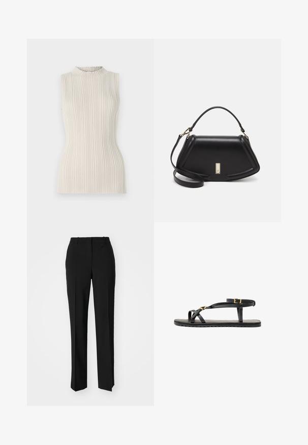 Top senza maniche in beige chiaro, caratterizzato da una texture a coste e un collo alto arricciato. La silhouette aderente valorizza la figura.; Pantaloni neri su misura con un design a gamba dritta, caratterizzati da una texture liscia e pieghe ben definite sul davanti. Senza hardware visibile.; Sandali neri in pelle con sottili cinturini e una cinghia alla caviglia con fibbia. Suola piatta con una finitura texturizzata e bordo a zigzag. Design minimalista.; Borsa a mano in pelle nera con un design strutturato, caratterizzata da una forma corta, manico superiore e accessori in metallo dorato. Inclusa tracolla regolabile.