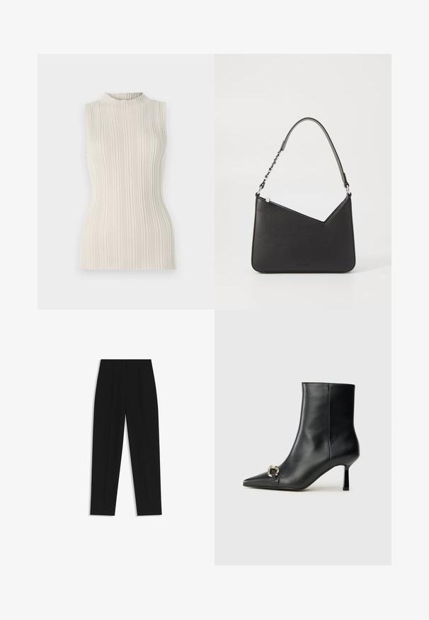 Mouwloos topje in lichtbeige, met een ribbeltextuur en een hoge, geplooide halslijn. De getailleerde pasvorm accentueert de vorm.; Zwarte broeken met een rechte pasvorm, voorzien van dubbele plooien, een zachte textuur en een klassiek taillebandontwerp. Geen zichtbare hardware of accenten.; Zwarte leren enkelboot met spitse neus, slanke middenhoge hak en zilveren gespdetail aan de zijkant op een effen achtergrond.; Zwart leren handtas met een driehoekige vorm, een slanke strap en zilveren hardware. Voorzien van een ritssluiting en een reliëflogo op de voorkant.