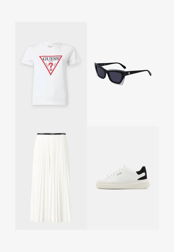 Λευκό βαμβακερό μπλουζάκι με κοντά μανίκια, που διαθέτει ένα κόκκινο τριγωνικό λογότυπο με την ένδειξη "GUESS USA" και ένα ροζ σχέδιο ερωτηματικού στο κέντρο.; Κοντή πλισέ λευκή φούστα με μαύρη ελαστική ζώνη που φέρει το λογότυπο "LACOSTE". Σχεδίαση μεσαίου μήκους με μαλακή υφή.; Λευκά δερμάτινα αθλητικά παπούτσια με χοντρή λευκή σόλα, μαύρη σουέτ λεπτομέρεια στην φτέρνα και ανάγλυφο λογότυπο στο πλάι. Σχέδιο με κορδόνια και έξι θηλιές.; Μαύρα υπερμεγέθη γυαλιά ηλίου με γεωμετρικό σχήμα, διαθέτοντας σκούρους φακούς και αντίθεση γκρίζα λεπτομέρεια στη σκελετό. Λογότυπο στον βραχίονα.