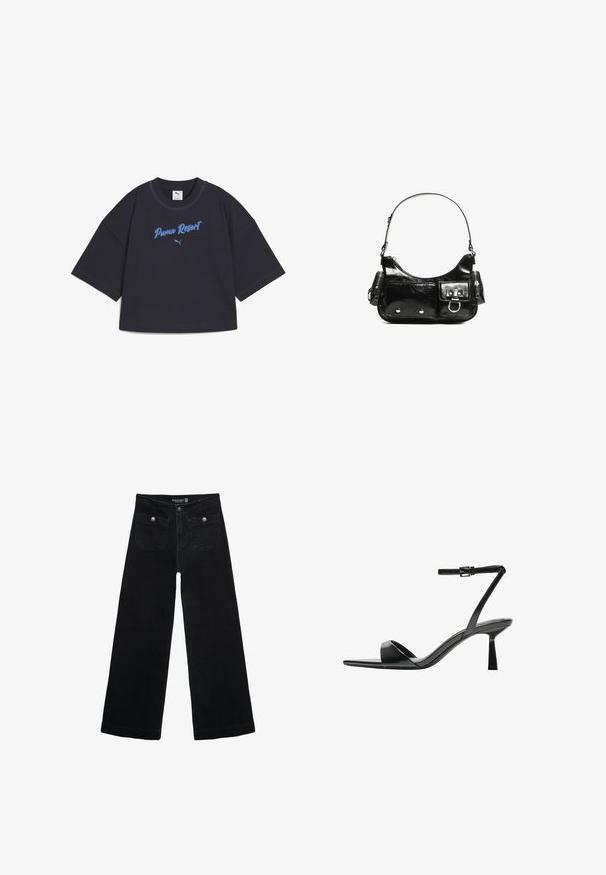 Tmavě námořnické oversized tričko vyrobené z bavlny. Na přední straně se nachází výšivka "Puma Resort" ve světle modré barvě, má kulatý výstřih a krátké rukávy.; Černé široké džíny s vysokým pasem, obsahující dvě přední kapsy a kovové knoflíkové detaily. Látka má hladkou texturu.; Bershka Sandály na vysokém podpatku - black; Černá lakovaná kožená kabelka s křivkovým tvarem, jedním ramenním popruhem, předními kapsami a stříbrnými kovovými detaily.