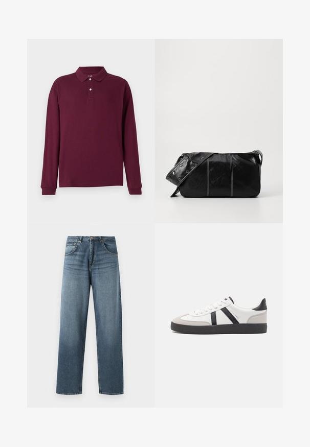 Polo a maniche lunghe borgogna, realizzato in cotone, con colletto classico, pattina con tre bottoni e polsini a costine. Texture liscia.; Jeans in denim blu a gamba dritta con un lavaggio sbiadito, dotati di cinque tasche, bottone in metallo e passanti per cintura. Tessuto strutturato di peso medio.; Sneaker bianco con accenti neri e grigi, dotata di una punta grigia testurizzata, suola in gomma nera e lacci bianchi piatti. Design pulito, stile minimalista.; Borsa a spalla in pelle nera con chiusura a zip, caratterizzata da un corpo testurizzato, cuciture bianche e una tracolla con occhielli in argento.