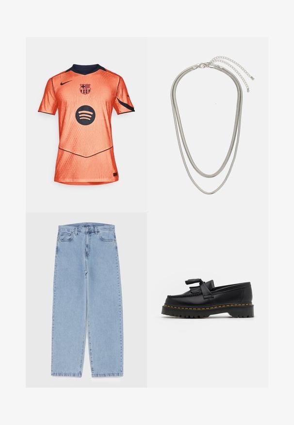 Oranssi urheilupaita lyhyillä hihoilla, kohokuosisesta kankaasta, tummansinisiä yksityiskohtia, etupuolella on Barcelona-logo ja musta Spotify-logo.; Vaaleansiniset farkut suoran lahkeen muotoilulla, joissa on puolivälin vyötärö, viisi taskua sekä nappi- ja vetoketjusuljenta.; Musta nahkakengät, joissa on tupsuakkentti, paksu musta pohja ja keltainen ommel reunassa. Rakeinen pinta.; Kolmikerroksinen hopeametallinen kaulakoru, jossa on tyylikkäitä, joustavia ketjuja, joissa on hieno kiilto. Kaulakoru on kiinnitetty hummerilukolla ja siinä on säädettävä ketju.