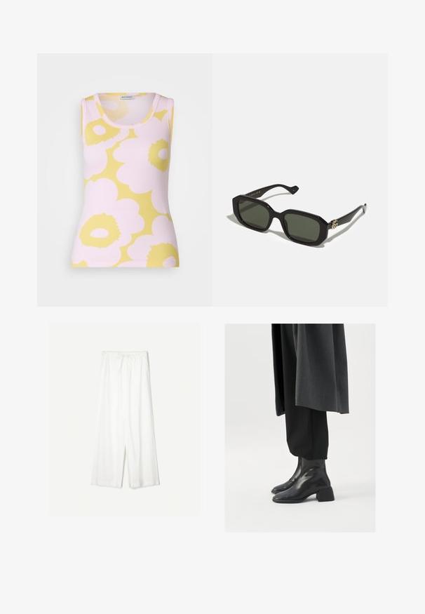 Marimekko ERKKERI UNIKKO - Linne - light pink/yellow; Vita vida byxor med dragsko i midjan, visade mot en enkel bakgrund, vilket betonar deras avslappnade stil och tygtextur.; Svarta läderankelboots med fyrkantig tå och kraftig klack, bärs med lösa svarta byxor och en mörkgrå kappa. Slät yta.; Svarta rektangulära solglasögon med solida gröna linser, med en glänsande yta och en gyllene logotypaccent på sidan.