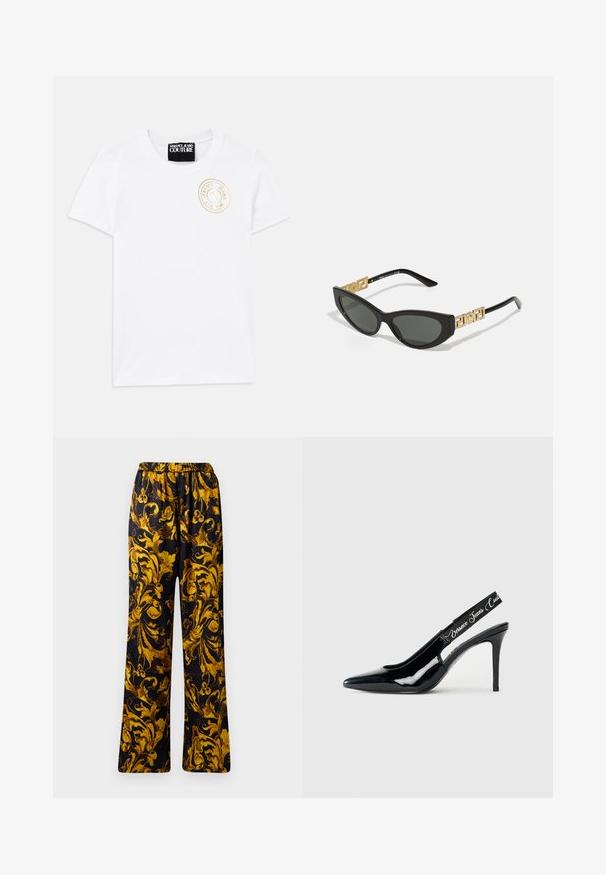 Camisa t-shirt branca de algodão com mangas curtas e decote redondo. Apresenta um logótipo bordado em dourado no peito. Design simples e clássico.; Calças pretas com um padrão floral dourado ornamentado, apresentando uma cintura elástica e um design de pernas largas. Textura suave, tecido leve.; Salto slingback em pele envernizada preta com design de bico fino, apresentando uma seção recortada e uma correia elástica embutida com o nome da marca.; Óculos de sol em formato de gato preto com lentes escuras, apresentando detalhes geométricos dourados nas hastes e um acabamento mate elegante.