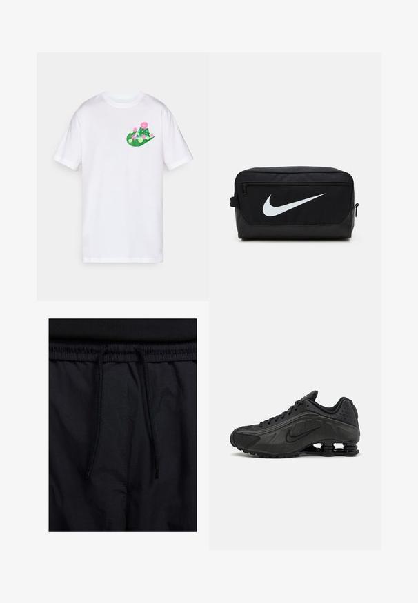 Biała bawełniana koszulka z kolorowym wzorem graficznym w odcieniach zieleni i różu, przedstawiającym kaktusy i kwiaty na lewej stronie klatki piersiowej.; Czarne szorty z elastycznym paskiem na sznurku, lekkiego materiału o gładkiej fakturze oraz prostym wzornictwie bez widocznych logo czy wzorów.; Czarne buty biegowe z gładką syntetyczną cholewką, perforowanymi akcentami, teksturowanymi bocznymi panelami oraz wyraźną sprężystą podeszwą.; Czarna torba na kosmetyki Nike o gładkiej fakturze, z białym logo w kształcie łuku, z zamknięciem na zamek u góry oraz boczną kieszenią.