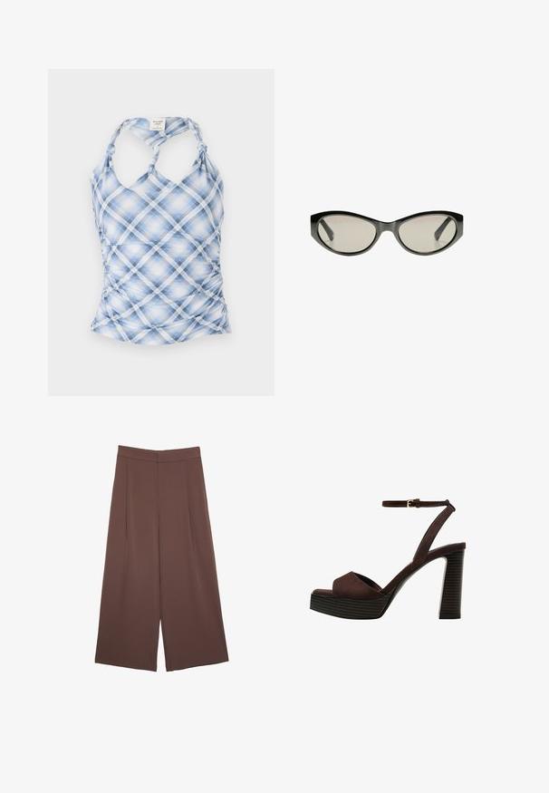 Plava i bijela karirana majica na bretele s halter izrezom, nabranim stranicama i čvorastim trakama. Izrađena od lagane, teksturirane tkanine.; Smeđe hlače širokog kroja s glatkom teksturom, koje imaju visok struk i nabore sprijeda. Tkanina je lagana i slobodno se kreće.; Smeđe zamšaste sandale s visokim potpeticama, otvorenim prstima, podesivom trakicom oko gležnja i prugastom platformom.; Crne mačke-oko naočale s sivim zateznim staklima. Plastični okvir s oštrim rubovima i glatkom, sjajnom završnom obradom.