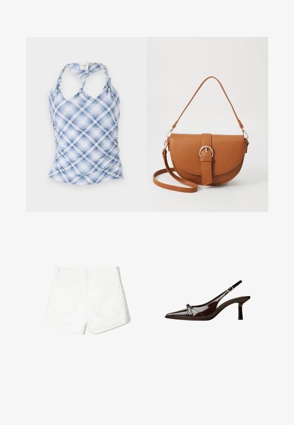 Blå och vit rutig linne med halterneck, rynkade sidor och knutna axelband. Tillverkad av lätt, texturerat tyg.; Vita denimshorts med uppvikta sömmar, två bakfickor och en slät yta. Enkelt design utan synlig hårdvara eller mönster.; Brun lackläder slingback-sko med spetsig tå, låg klack och en dekorerande rosett på framsidan. Slät, glansig yta.; Brun läder crossbody-väska med en böjd form, gyllene detaljer och en spänneaccent. Har en avtagbar axelrem.