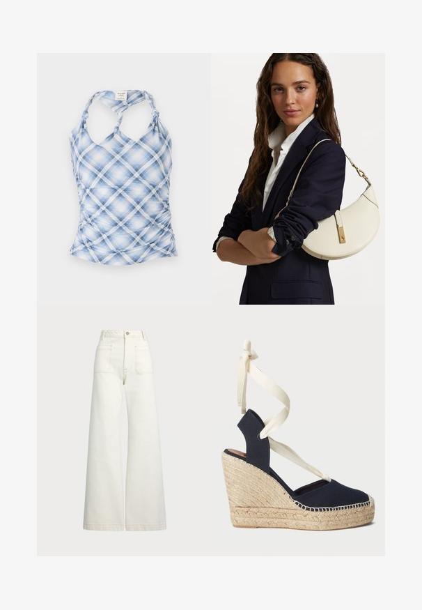 Blau-weißer kariierter Tanktop mit Halterneck, gerafften Seiten und geknoteten Trägern. Hergestellt aus leichtem, strukturiertem Stoff.; Weite Jeans aus off-white Denim. Hoch tailliertes Design mit Knopfverschluss, zwei Fronttaschen und kontrastierenden Stickdetails.; Navy Canvas Wedge-Sandale mit einer Espadrille-Seilsohle und cremefarbenen Schleifenbändern am Knöchel. Geschlossener Fersen- und runder Zehenbereich.; Weißes Lederhandtasche mit geschwungener Form, goldenen Beschlägen und strukturiertem Finish, getragen über einem dunklen Blazer und einem weißen Hemd.