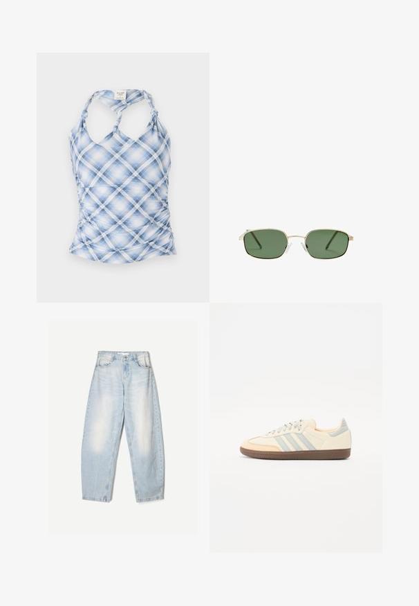 Sininen ja valkoinen ruudullinen toppi, jossa on halterneck, rypytettyjen sivujen ja solmittujen olkaimien yksityiskohdat. Valmistettu kevyestä, teksturoidusta kankaasta.; Vaaleansiniset farkut, joissa on löysä malli, haalistunut pinta, kaksi etutaskua ja nappikiinnitys vyötäröllä.; Tennarit, joissa on kerma-nahkainen päällinen, vaalean siniset raidat ja persikan väriset yksityiskohdat. Varustettu teksturoidulla ruskealla kumipohjalla ja minimalistisella muotoilulla.; Aurinkolasit, joissa on kultainen metallikehys, vihreät linssit, suorakulmainen muoto ja kirkkaat muoviset nenätyynyt. Ohut ja hoikka varsi, jossa on minimaalinen muotoilu.