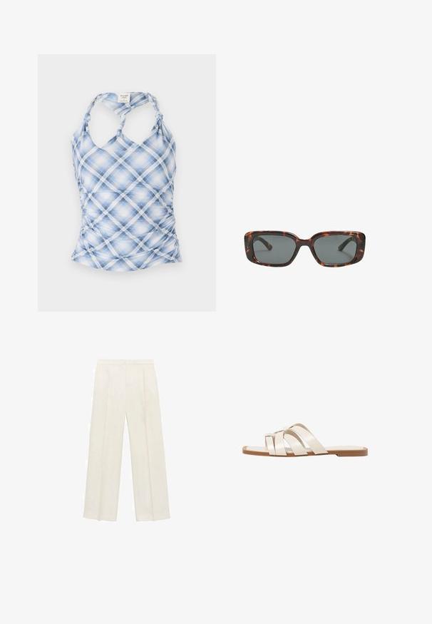 Modra in bela karo prugasta majica brez rokavov s halter ovratnikom, nabrano ob straneh in z zavezovanjem na trakove. Narejena iz lahkega teksturiranega materiala.; Hlače širokih nogavic v svetli kremni barvi. Narejene iz gladkega materiala s plitkimi naborki spredaj in stranskimi žepi.; Ravne sandale s svetlo rjavim gumijastim podplatom, zasnovane s tremi prekrivajočimi se belimi usnjenimi trakovi in majhnim lokom na sredini.; Sonce, ki je oblikovana v tortoščkovem vzorcu, ima pravokotne leče, debele okvirje in temne leče. Ima gladko teksturo in minimalističen dizajn.