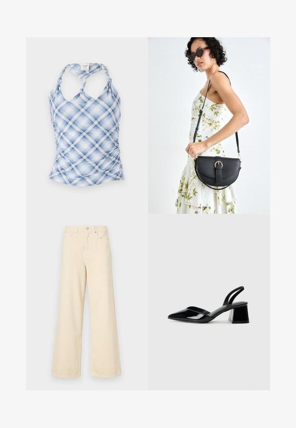 Top de alças em padrão xadrez azul e branco com pescoço halter, lados franzidos e alças atadas. Feito de tecido leve e texturizado.; Jeans de perna larga bege feitos de algodão. Apresentam um fecho de botão, passadores para cinto e bolsos frontais com uma textura lisa e suave.; Sandy em verniz preto com salto slingback, ponta afilada e salto geométrico. Apresenta um design elegante e minimalista com textura suave.; Bolsa de couro preta com forma curva, alça destacável e detalhes em dourado. A bolsa possui uma aba com detalhe de fivela.