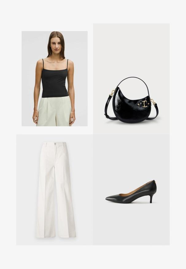 Top negro sin mangas con escote cuadrado y silueta ajustada, hecho de una tela suave y ligera. Combinado con pantalones palazzo de color pálido.; Pantalones de pierna ancha blancos hechos de algodón con una textura suave. Cuenta con un botón delantero, cremallera y un diseño de cuatro bolsillos.; Zapato de tacón negro de cuero con punta afilada, tacón bajo y textura suave. Presenta una ligera apertura en la parte frontal y un hardware minimalista en la parte trasera.; Bolso de mano de charol negro con forma curvada, correa ajustable y detalles en hardware dorado en el lateral. Textura lisa y brillante.