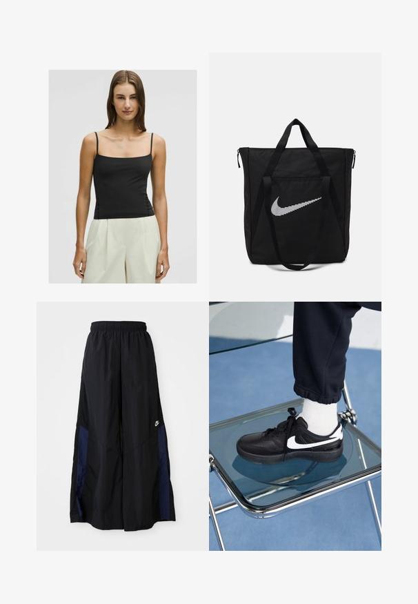 Schwarzes Spaghettiträgershirt mit quadratischem Ausschnitt und enganliegender Silhouette, aus glattem, leichtem Stoff gefertigt. Kombiniert mit hellen, weitbeinigen Hosen.; Schwarze weit geschnittene Hose aus leichtem Stoff, mit einem dunkelblauen Seitenpanel und einem elastischen Bund. Kleines weißes Logo am unteren Ende.; Schwarze Nike-Sneaker mit weißen Akzenten, die über eine glatte Ledertextur, ein Schnürdesign und eine abgerundete Zehenform verfügen, platziert auf einem Glasstuhl.; Schwarze Nylon-Tragetasche mit zwei stabilen Griffen und Reißverschluss. Enthält ein auffälliges weißes Nike-Swoosh-Logo in einem horizontalen Streifendesign.