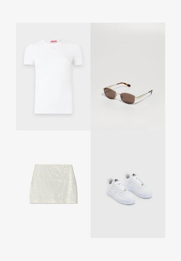 Fehér rövid ujjú póló kerek nyakkivágással, bordázott textúrával, és egy kis kör alakú logóval a mellkason. Piros márkacímke a háta közepén.; Bershka A-vonalú szoknya - white; Fehér Nike Air Force 1 cipők sima bőr felsőrésszel, perforált orr résszel, fehér fűzőkkel és fekete márkázással a nyelvén.; Barna árnyalatú napszemüveg arany fém kerettel, téglalap alakú lencsékkel és teknős panelekkel a szár végén.; Eternity gyűrű fényes ezüstből, amelyet egy sor kör alakú, tiszta cirkónium-dioxid kő díszít, foglalatba állítva, folytonos formatervezést bemutatva.