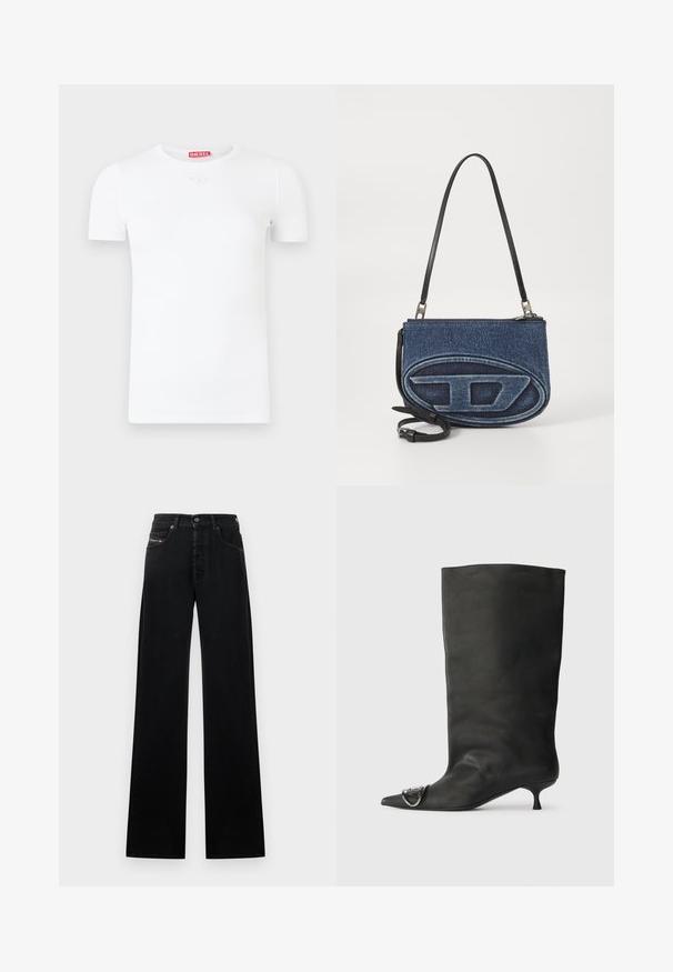 Valkoinen lyhythihainen t-paita, jossa on pyöreä pääntie, resuinen rakenne ja pieni pyöreä logo rinnassa. Takana punainen merkkietiketti.; Mustat leveälahkeiset farkut, jotka on valmistettu denimistä. Niissä on edessä nappikiinnitys, viisi taskua ja pieni logopläntti vyötäröllä.; Musta nahkainen nilkkabootsi, jossa on terävä kärki, pieni korko ja metallinen korostus kärjessä. Pehmeä, mattapintainen rakenne kauttaaltaan.; Denim-mallinen olkalaukku, jossa on musta nahkahihna, etupuolella ovale logo -kuvio ja vetoketjukiinnitys ylhäällä. Rakeinen pinta.