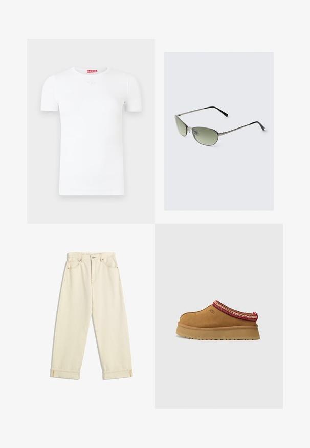 White short-sleeve t-shirt with a round neckline, ribbed texture, and a small circular logo on the chest. Brand label in red on the back.; Cream-colored denim pants with a relaxed fit, featuring rolled cuffs, contrasting orange stitching, and front and back pockets.; Brown suede slip-on shoe with red and cream patterned trim, textured sole, and UGG logo on side. Features a slight platform height.; Metal sunglasses with elongated green lenses, slim silver frame, and black temple tips. Features small nose pads for comfort.; Woven tan handbag with a rounded handle, crafted from soft leather. Features a zippered closure and intricate basketweave pattern.