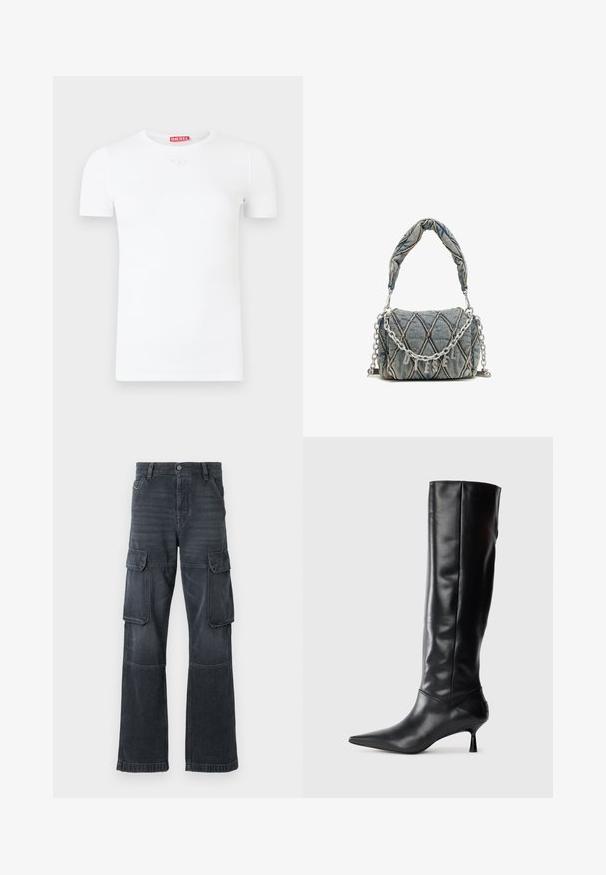T-shirt blanc à manches courtes avec un col rond, une texture côtelée et un petit logo circulaire sur la poitrine. Étiquette de la marque rouge au dos.; Pantalons cargo gris foncé en denim, featuring deux poches latérales et une coupe large. Détails de couture le long des coutures et des bords.; Botte en cuir noir hautes jusqu'au genou avec un bout pointu et un talon fin et courbé. Texture lisse, design ajusté, sans matériel ni motifs visibles.; Sac en denim avec motif matelassé, de couleur bleue, avec une courte anse tressée et une bandoulière en chaîne argentée avec des lettres de marque métalliques.