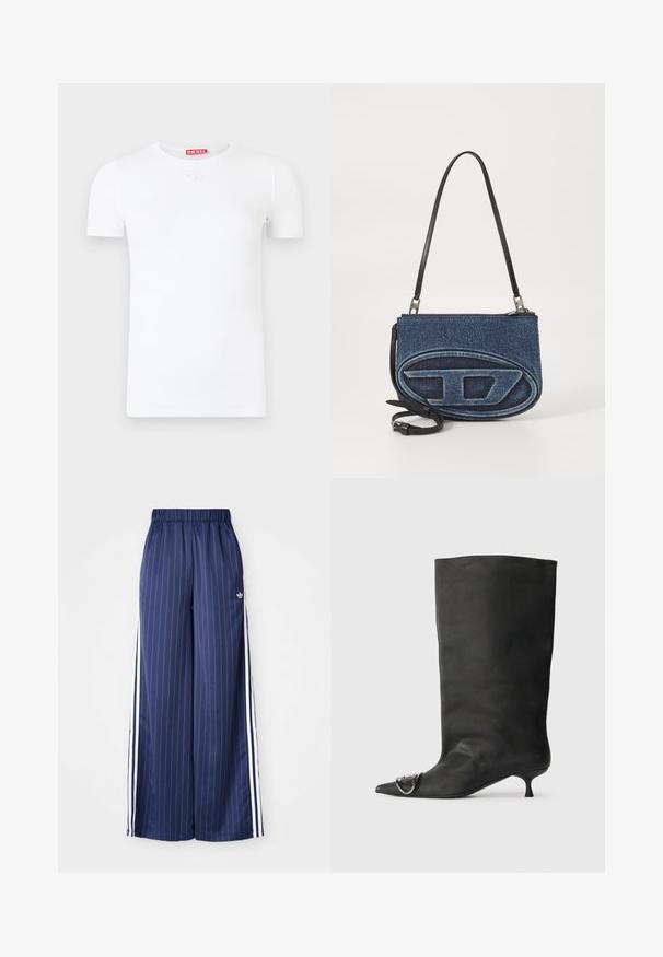 Camiseta blanca de manga corta con cuello redondo, textura acanalada y un pequeño logo circular en el pecho. Etiqueta de la marca en rojo en la parte posterior.; Pantalones de pierna ancha azul marino con rayas blancas verticales, cinturilla elástica y tres rayas blancas a lo largo de cada lado, fabricados con un material ligero.; Bota de cuero negra hasta el tobillo con punta afilada, tacón pequeño y detalle metálico en la punta. Textura suave y mate en toda la superficie.; Bolso crossbody de denim con una correa de cuero negro, diseño de logo ovalado en la parte delantera y cierre de cremallera en la parte superior. Acabado texturizado.