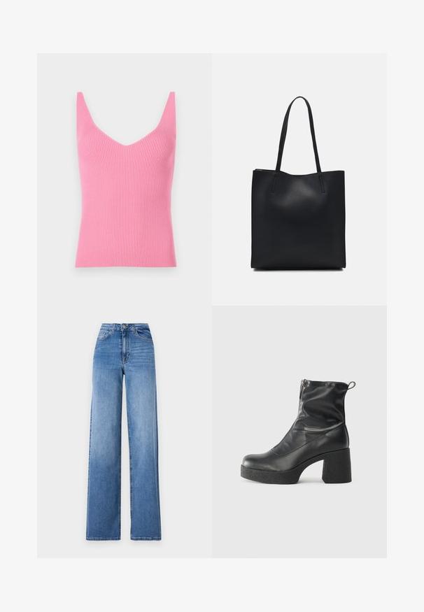 Top em malha rosa justo, com um decote em V profundo, alças largas e uma textura suave. Adequado para usar em camadas ou como peça única.; Jeans de perna larga azul claro feitos de denim, com cintura alta, bolsos frontais e fecho de botão padrão. Textura suave.; Botas de tornozelo pretas feitas de couro liso, com fecho lateral, salto grosso texturizado e design de bico arredondado.; Bolsa tote preta em couro com textura lisa, forma retangular e duas alças longas. Sem hardware ou enfeites visíveis.