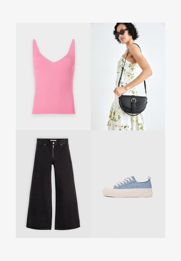 Pielāgots rozā ribota topiņš ar dziļu V-veida kakla izgriezumu, biezām plecu siksnām un gludu tekstūru. Piemērots kā apakšveļai, tā arī kā patstāvīgs apģērbs.; Platas kājas džinsi melnā džinsa audumā ar rāvējslēdzēju priekšā, piecu kabatu dizains un smalkas šuvju detaļas. Gluda tekstūra un ikdienišķs stils.; Gaiši zili kanvas sneakeri ar krēmkrāsas gumijas pirksta aizsargu un ārējo zoli, aprīkoti ar baltām šņorēm un cilpu uz papēža.; Melnas ādas rokassoma ar izliekta formu, noņemamu siksnu un zelta aksesuāriem. Somai ir vāciņš ar sprādzes detaļu.