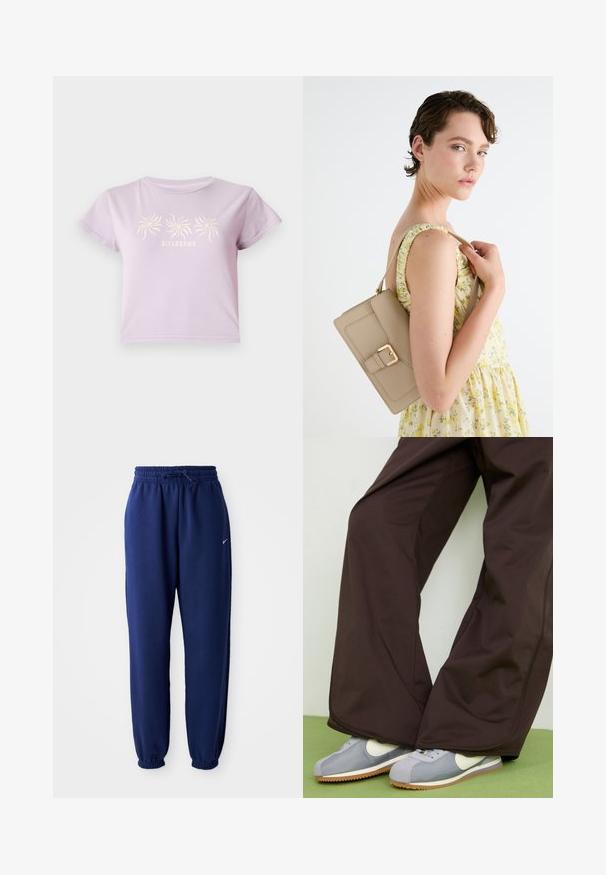 Šviesiai lelijos spalvos medvilninis marškinėliai trumpomis rankovėmis, su trimis spiraliniais piešiniais virš užrašo "BILLABONG" šviesesnėje spalvoje.; Tamsiai mėlynos sportinės kelnės, pagamintos iš minkštos medžiagos, su elastingu juosmeniu ir raišteliu, elastinėmis rankovėmis ir mažuoju baltu logotipu.; Rudi plačiai kirpti kelnės su lygia tekstūra ir šoninėmis siūlėmis, derinamos su pilkomis ir baltomis retro stiliaus sportbačiais su guminiais padais.; Bežinė odinė rankinė su struktūrizuotu dizainu, auksine sagtimi ir reguliuojama dirželiu, pateikta šviesiame fone.