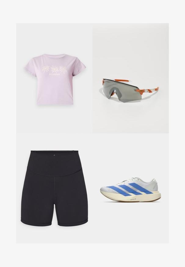 Lilla puuvillane T-särk lühikeste varrukatega, millel on graafika kolmest spiraalist tekstiga "BILLABONG" heledamas toonis.; Mustad mustrina shorts, mis on valmistatud venivast kangast. Omab kõrget vöökoht ja sujuvaid õmblusi. Sobib aktiivseks kandmiseks ja treeninguteks.; Valge sportlik king, millel on sinised triibud, tekstureeritud ülemine osa, lame tall ja "LIGHTSTRIKE PRO" bränding küljel. Madala profiiliga disain.; Sportlikud prillid, millel on hall üheosaline objektiiv, oranžid aktsendid ja mustrilised valged käepidemed. Kujundatud jõudluse jaoks ümara kuju abil.