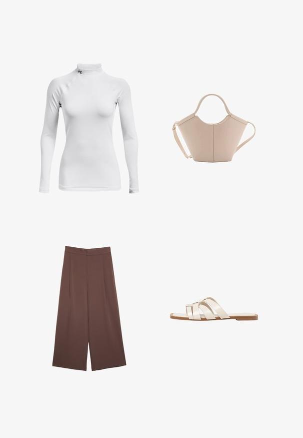 Langærmet hvid sports skjorte med høj hals, lavet af glat, strækbart stof; har raglanærmer og et lille sort logo.; Brune bredbunde bukser med en glat tekstur, der har høj talje og plisseringer foran. Stoffet er let og falder løst.; Flade sandaler med en lys gummisål, designet med tre overlappende hvide læderremme og en lille sløjfe detalje i midten.; Lysebrun læderhåndtaske med en unik form, featuring to korte håndtag og et langt justerbart rem. Glat tekstur med minimal hardware.