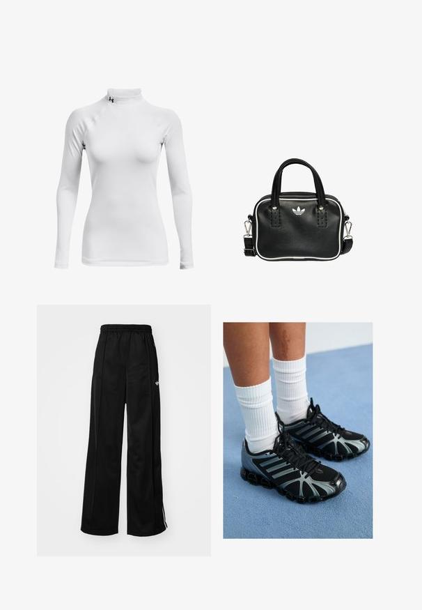 Dlouhý rukáv, bílý sportovní triko s vysokým límcem, vyrobeno z hladkého, elastického materiálu; má raglánové rukávy a malé černé logo.; Černé široké sportovní kalhoty s elastickým pasem, na kterých jsou bílé boční pruhy a malé logo na levém boku. Hladká textilie.; Černé atletické boty s šedými akcenty a síťovými panely, vybavené strukturovanou podešví a černými tkaničkami, kombinované s bílými žebrovanými ponožkami.; Černá kožená kabelka se dvěma krátkými uchy, stříbrným kováním, bílými detaily a bílým logem. Má texturovaný povrch a kompaktní design.