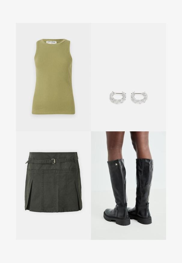 Žalios juostuotos rankovių be marškiniai su apvaliu iškirpimu. Audinys turi tekstūruotą raštą ir prigludusią siluetą.; Tamsiai žalia medvilninė mini sijonas su prigludusia liemene, diržu ir priekinių klosčių detalėmis. Yra siuvinėjimo detalės ir klasikinis kirpimas.; Juodos iki kelių odinės botai su lygiu paviršiumi, apvaliu pirštu, stambiu padu ir užtrauktuku. Ant šono yra sidabrinė logo.; Sidabrinės auskarų kabliukų formos auskarai, papuošti aiškiais, stačiakampiais ir trikampiais kristalais, kurie išdėstyti raštuotu dizainu. Tvirtinimai, užtikrinantys saugų prilaikymą.