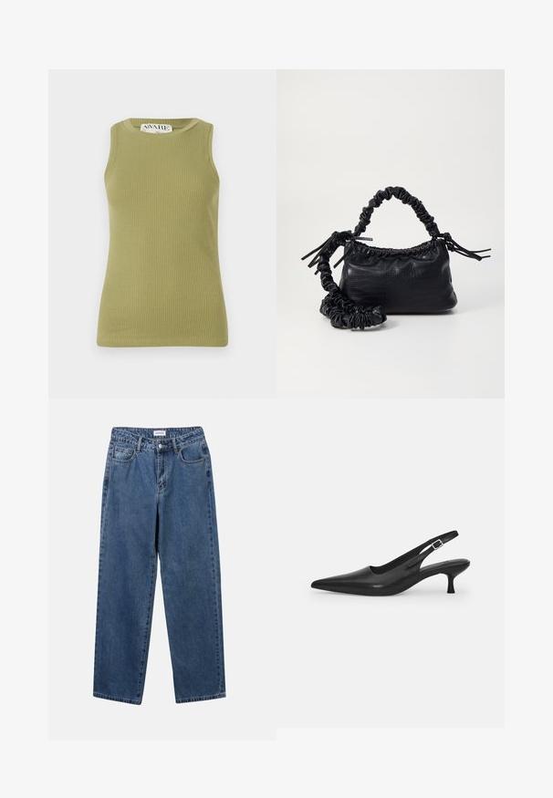 Zelený žebrovaný top bez rukávů s kulatým výstřihem. Tkanina má texturovaný vzor a přiléhavý střih.; Klasické modré džíny z denimu se střihy rovné nohy, pěti kapsami a zapínáním na knoflík. Mají střední odstín a odolnou texturu.; Černá kožená nazouvací bota se špičatou špičkou a štíhlým zakřiveným podpatkem. Obsahuje diskrétní nastavitelný pásek s kovovou sponou.; Černá kabelka z umělé kůže s krokodýlím vzorem, staženým vrškem a zmačkaným popruhem. Zdá se, že má měkký a kompaktní design.