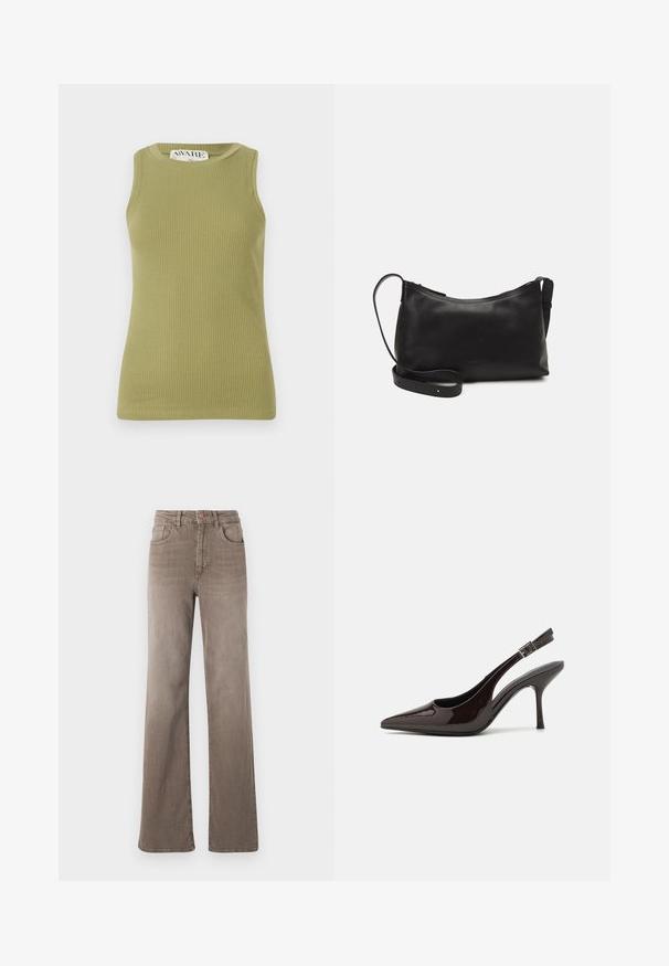 Green ribbed tank top with a round neckline and sleeveless design. Fabric features a textured pattern with a fitted silhouette.; Brown high-waist straight-leg jeans with front button, belt loops, and classic five-pocket design on a white background.; Slingback high-heeled shoe in glossy dark brown patent leather, pointed toe, open sides, and adjustable ankle strap.; Black leather shoulder bag with a smooth texture, curved shape, adjustable strap, and a zip closure. Minimalist design without embellishments.