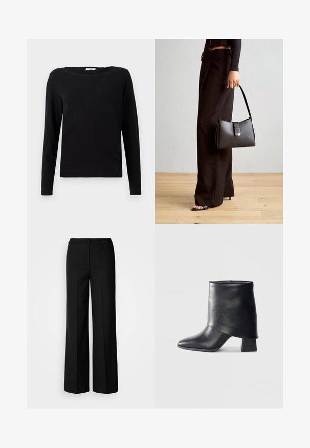 Must have must t-särk, millel on pikk varrukas ja mis on valmistatud puuvillast. Omab ümarat kaela ja lõdva istuvust. Sile tekstuur ilma nähtavate mustrite või aktsentideta.; Mustad laiad püksid siledast kangast, millel on kõrge vöökoht, kohandatud õmblused ja minimalistlik kujundus. Ei ole nähtavat riistvara ega taskuid.; Mustad nahast pahkluuring, millel on terav varvas, sile tekstuur ja struktureeritud plokknakk. Omab kõrget, volditud suud.; Must musta kott, millel on struktureeritud kuju, sile tekstuur ja metallist klamber. Kombineeritud laiate mustade pükstega ja avatud varvaste sandaalidega puidust põrandal.