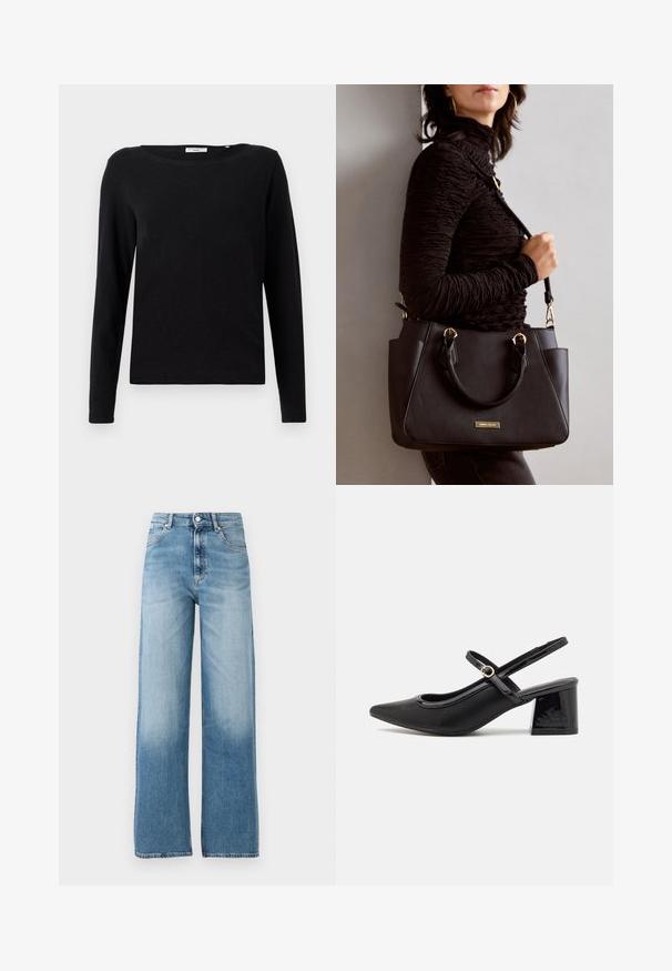 Fekete, hosszú ujjas, pamut póló. Kerek nyakkivágással és kényelmes fazonnal rendelkezik. Simább textúrával, látható minták vagy díszítések nélkül.; Világoskék, széles szárú farmernadrág magas derékkal. Denim anyagból készült, gombos záródással és öt zsebbel. Az alján elhalványodik.; Fekete lakk bőr, pántos magassarkú cipő, hegyes orral, lekerekített kivágással és tömbsarkal. Arany színű csat díszíti.; Fekete kézitáska texturált felülettel, dupla felső fogantyúval és állítható vállpánttal. Arany színű fém kiegészítők és oldalsó zsebek találhatók rajta.