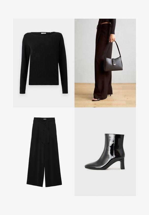 Crna majica dugih rukava od pamuka. Ima okrugli izrez i ležeran kroj. Glatka tekstura bez vidljivih uzoraka ili akcenta.; Crne široke hlače od teksturirane tkanine, s elastičnom pojasom i odvojivim remenom na struku za prilagodivo pristajanje.; Crne lakirane kožne gležnjače s šiljastim prstom i srednje visokom blok petom. Glatka tekstura i minimalistički dizajn.; Crna torba s oblikom koji sadrži strukturu, glađu teksturu i metalnu kopču. Uparena s širokim crnim hlačama i sandalama na otvorenom s drvenog poda.