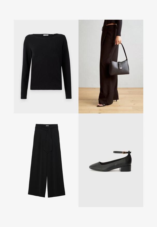 Sort langærmet T-shirt lavet af bomuld. Har en rund hals og en afslappet pasform. Glat tekstur uden synlige mønstre eller dekorationer.; Sorte vide bukser i en tekstureret stofkvalitet, med elastisk talje og et aftageligt bånd i taljen for justerbar pasform.; Sorte læderpumper med spids tå og en lav blokhæl. Har en ankelrem med en guldfarvet spænde. Glat tekstur.; Sort håndtaske med struktureret form, glat overflade og metalspænde. Sammen med brede sorte bukser og sandaler med åben tå på trægulv.