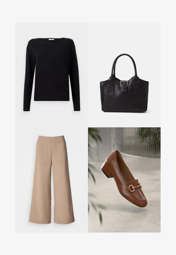 Svart langermet T-skjorte laget av bomull. Har rund hals og en avslappet passform. Glatt tekstur uten synlige mønstre eller detaljer.; Videbukser i en lys beige farve. Har to forreste påsatte lommer, flad talje og en glat tekstur med en skræddersyet finish.; Brun lakkert skinn loafer med firkantet tå, metallkjedeakkent, og lav blokkheel; glatt tekstur, minimalistisk design.; Svart skinn toteveske med jevn tekstur, strukturert form, to håndtak og en fremtredende sølvspenne foran.