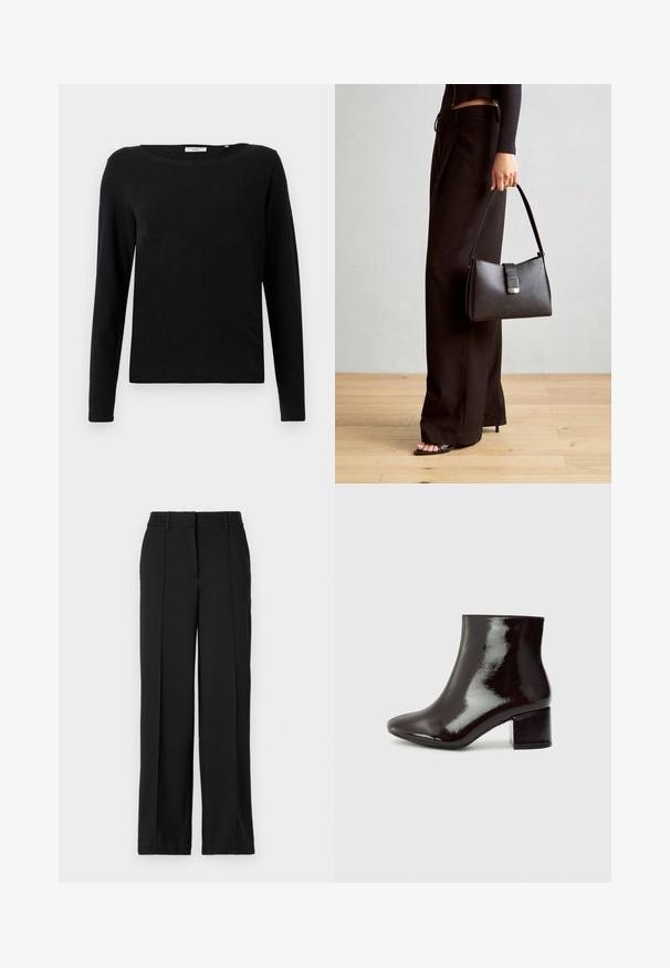 Sort langærmet T-shirt lavet af bomuld. Har en rund hals og en afslappet pasform. Glat tekstur uden synlige mønstre eller dekorationer.; Sorte bukser med en lige ben design, der har to forreste folder, en talje og ingen synlige lommer eller dekorative elementer.; Sorte patenterede læder ankelstøvler med spids tå og en chunky hæl. Glat tekstur med en subtil glans og rene linjer, minimalistisk design.; Sort håndtaske med struktureret form, glat overflade og metalspænde. Sammen med brede sorte bukser og sandaler med åben tå på trægulv.