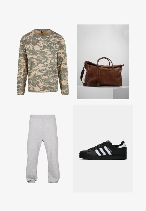 Hosszú ujjú ing digitális álcázó mintázatban, zöld és bézs árnyalatokkal, kerek nyakkivágással és puha tapintással.; Szürke pamutkeverék sport nadrág, rugalmas derekú, tapered (keskenyített) lábakkal és szegővel ellátott nadrágszárral. Egyszerű dizájn, minták nélkül.; Fekete Adidas Superstar sportcipő fehér csíkokkal, kagyló orral és "Superstar" felirattal az oldalán, oldalról bemutatva, fehér háttér előtt.; Barna bőr sporttáska cipzáras záródással, dupla fogantyúval, állítható vállpánttal és látható textúrákkal a felületen.