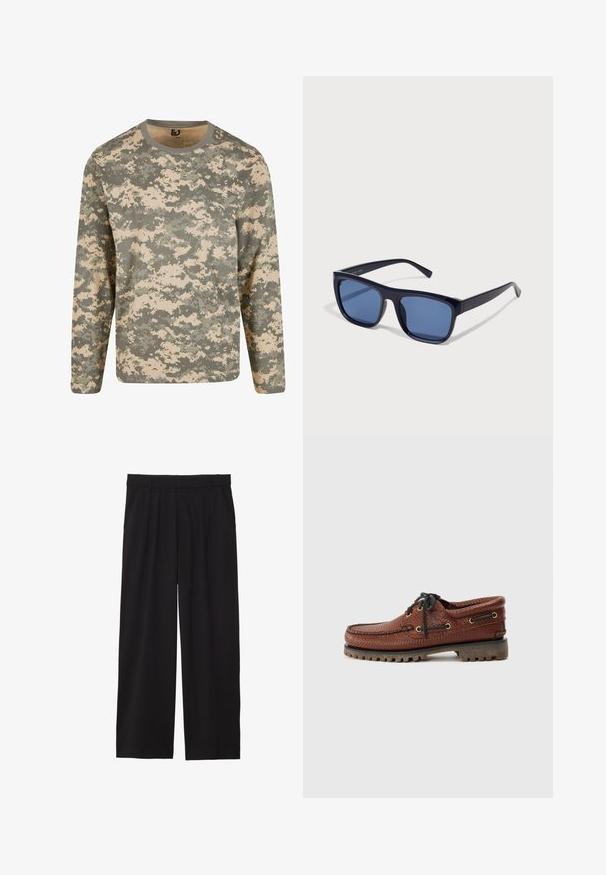 Pitkähihainen paita digitaalisessa kamouflagekuviossa, jossa on vihreän ja beigen sävyjä, pyöreä kaula-aukko ja pehmeä koostumus.; Mustat väljät housut, joissa on laskostettu etuosa, sivutaskut ja sileä kankaan rakenne. Suunniteltu rentoa istuvuutta varten.; Ruskean nahkainen venekenkä, jossa on teksturoitu päällinen, mustat nauhakiinnitykset ja kultaiset silmukat. Varustettu kestävällä, uurretulla kumipohjalla.; Mustat muoviset aurinkolasit, joissa on suorakulmaiset kehykset, sinertävät linssit ja ohuet tempaukset, joissa on kiiltävä pinta.