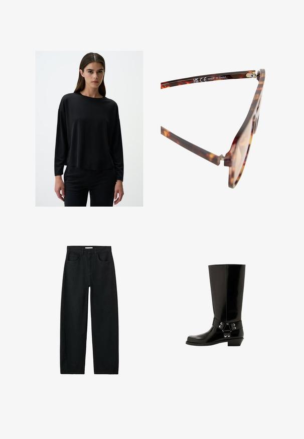 Schwarzes Langarmshirt aus glattem Stoff, mit lockerer Passform, rundem Ausschnitt und abfallenden Schultern. Einfaches, minimalistisches Design.; Schwarze, hoch taillierte Jeans mit geradem Bein, vorderen Taschen, Gürtelschlaufen und sichtbaren Nähten vor weißem Hintergrund.; Schwarze, kniehohe Gummistiefel mit glänzender Oberfläche, dekorativem Riemen und metallischen Akzenten. Niedriger, leicht abgeschrägter Absatz.; Sonnenbrille im Schildpattmuster mit braunen Gläsern, Kunststoffrahmen und dezenten Metallakzenten an den Scharnieren. Hergestellt in China.; Schwarze Leder-Umhängetasche mit glatter Textur, geschwungener Form und einem einzelnen verstellbaren Tragegurt, der goldene Beschläge und ein markenbezogenes Detail aufweist.