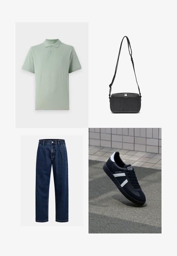 Polo shirt vert clair en coton, avec un col classique, un plastron à deux boutons et des manches courtes ornées d'un discret logo.; Jean en denim bleu foncé avec une coupe droite. Présente des coutures visibles, une fermeture par bouton et des plis à l'avant pour un détail supplémentaire.; Sneaker en cuir noir avec des rayures blanches, semelle en caoutchouc texturée et devant à lacets. Présente une étiquette de marque sur la languette.; Sac bandoulière en cuir noir avec une fermeture éclair, logo embossé à l'avant et une sangle réglable. Texture lisse avec une forme rectangulaire.