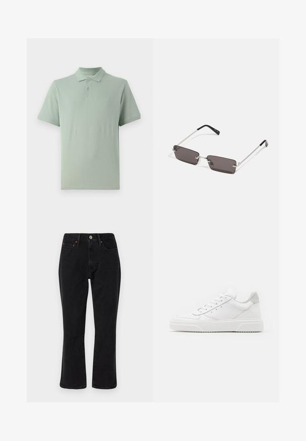 Lichtgroen polo shirt van katoen, met een klassieke kraag, een twee-knops sluiting en korte mouwen met een subtiele logodetail.; Zwarte denim jeans met een rechte pasvorm, vijf zakken en metalen hardware met koperen accenten. Gladde textuur en een gemiddelde taillehoogte.; Witte leren sneakers met een gladde afwerking, ronde neus, platte veters en een gestructureerde zool. Grijze suède accent bij de hiel.; Zonnebril met rechthoekige, donkergrijze lenzen, zilveren metalen frames en zwarte kunststof uiteinden op de armen. Lichtgewicht ontwerp met neuspads.